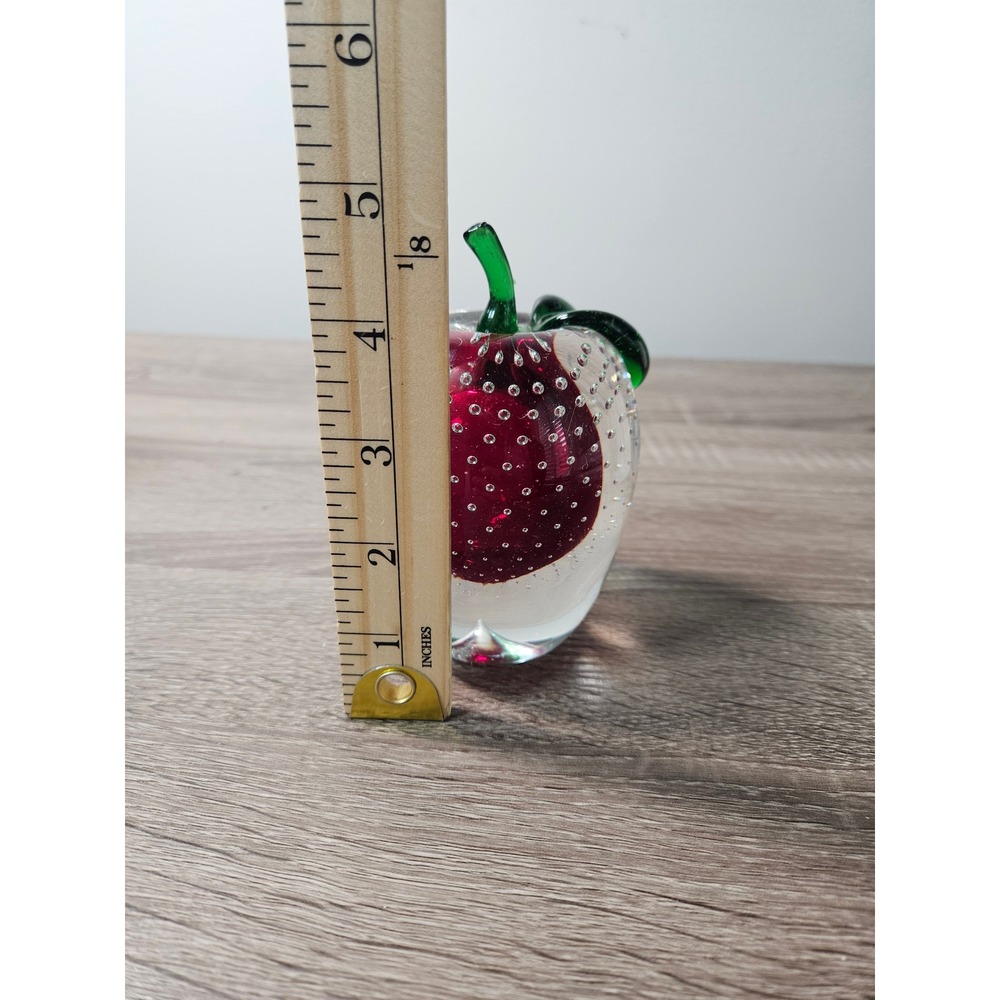 Red Controlled Bubble Art Glass Apple Paperweight Green Stem Leaf Decor 4.5" - Picture 3 of 3